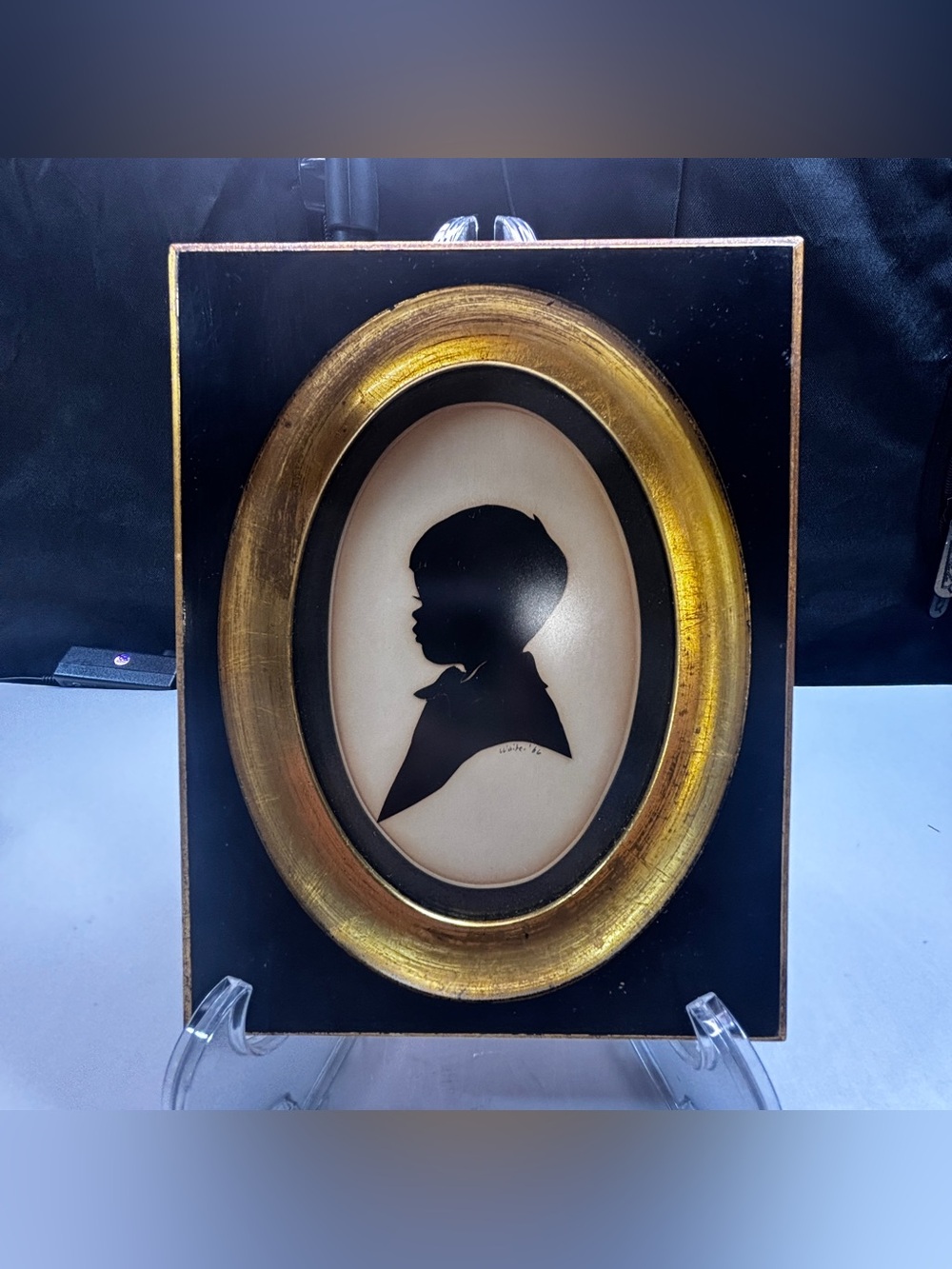 VTG Antique Silhouette Portrait Child Oval Frame Paper Profile 66’ Gold Black